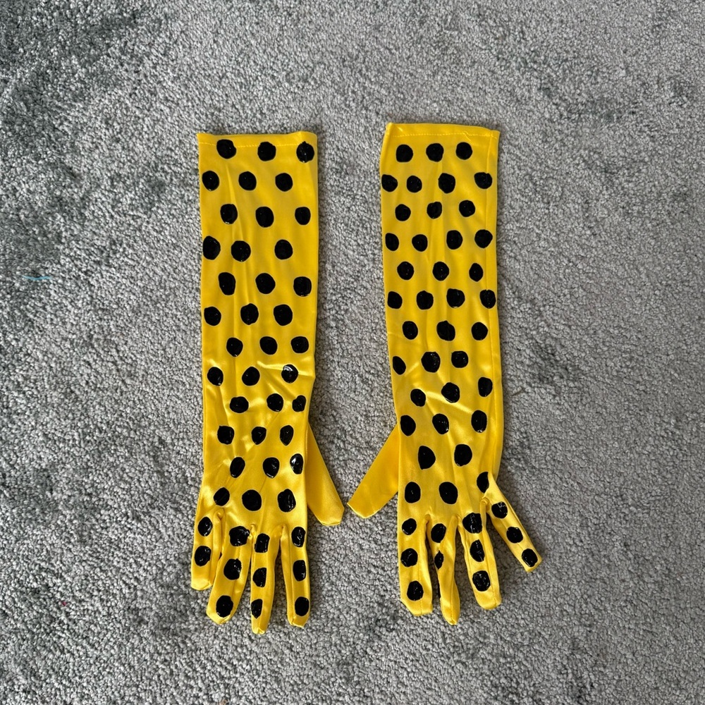 🖤🎨 Hand-Painted Yellow Polka Dot Opera Gloves